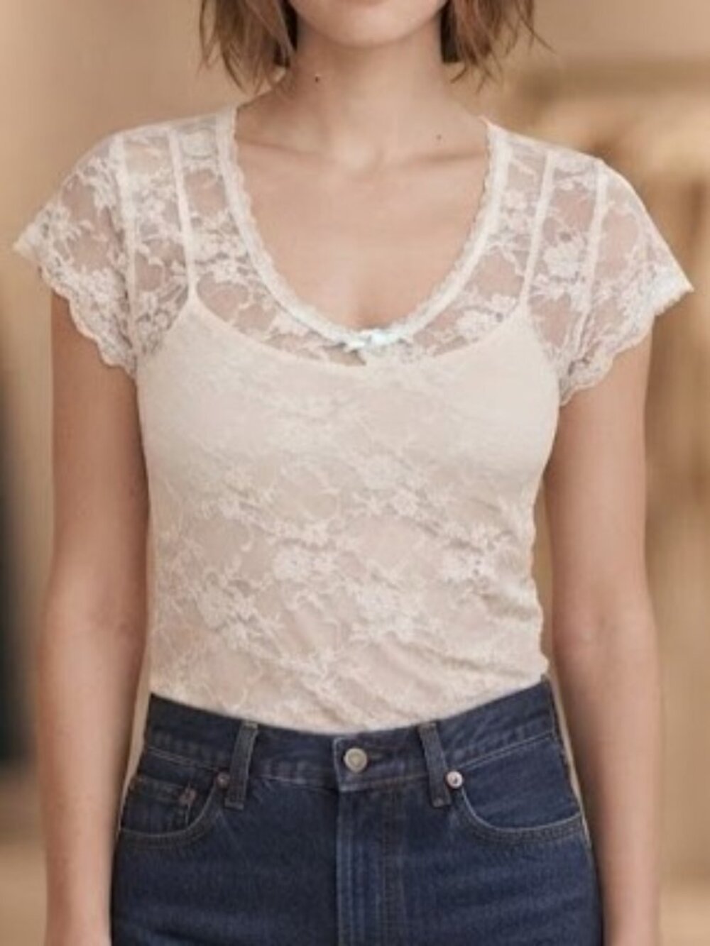 Dreamers White Floral Lace Sheer Short Sleeve Tee